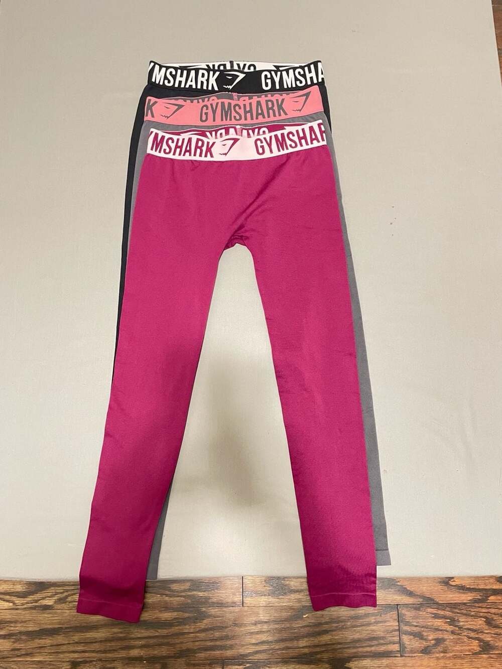 Gymshark Flex Low Rise Leggings Bundle of 3 - Black, Grey/Pink, and Magenta
